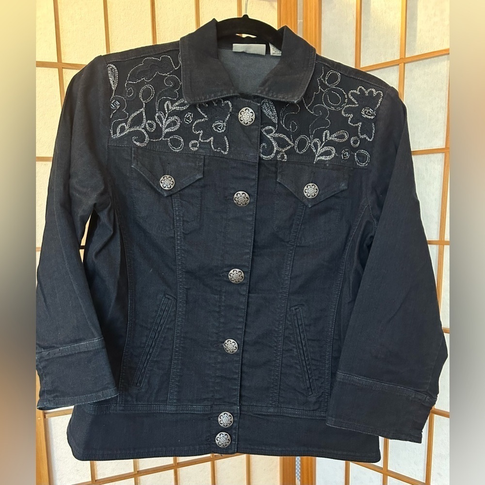 Chico’s Platinum (Sz1) Denim Jean Jacket w’ Silver Embroidery NWOTs